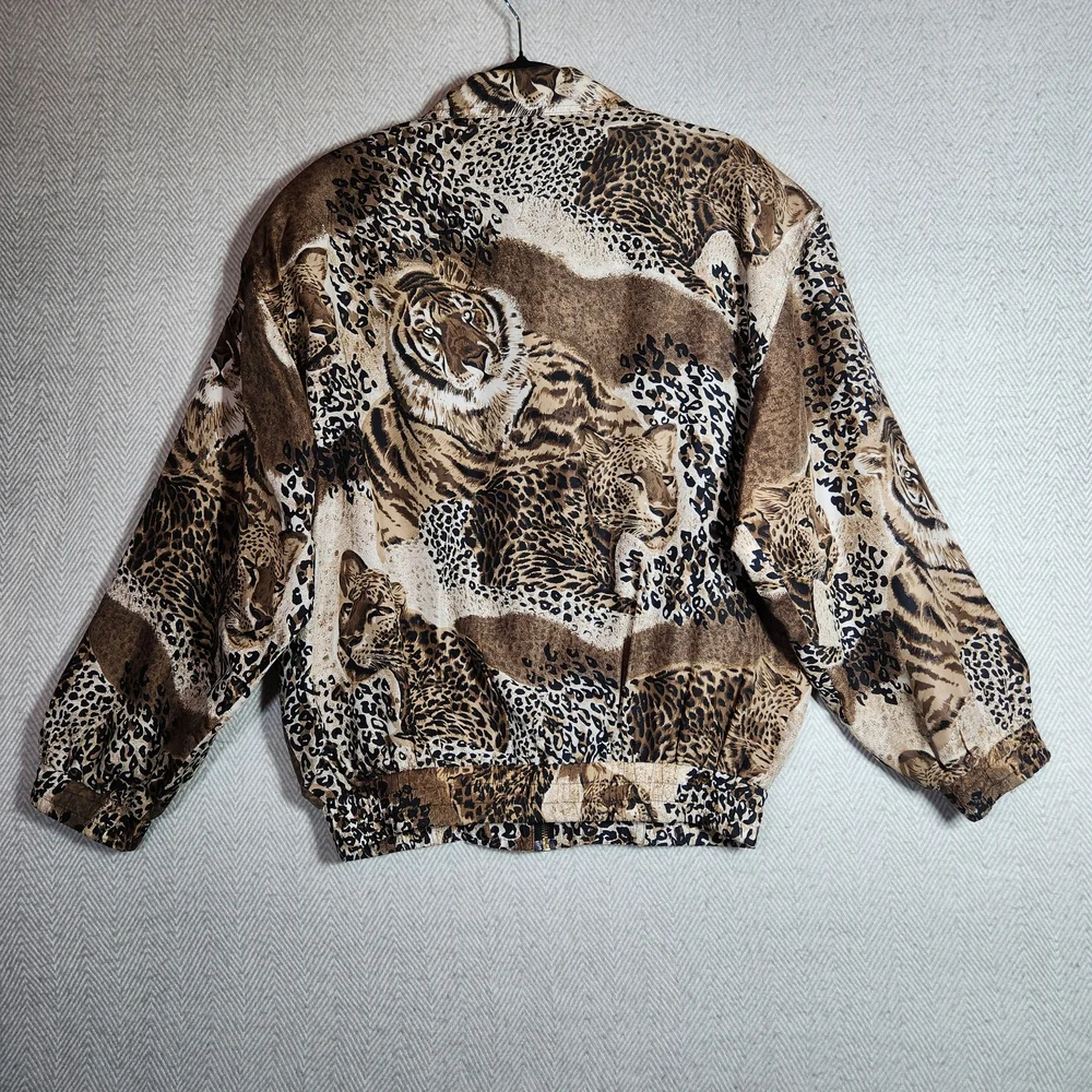 Vintage Fuda International Tiger Print 100% Silk Jacket Brown Tan Black - Picture 3 of 11